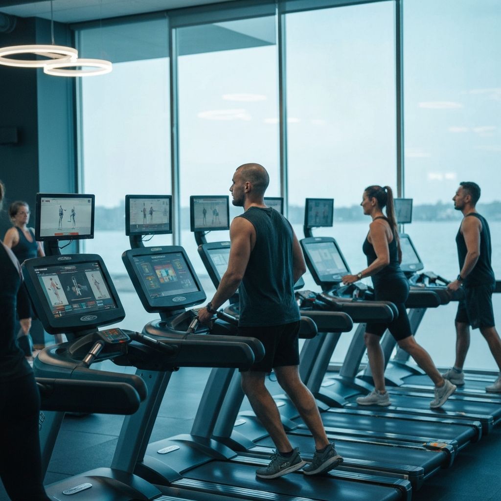 Gimnasio moderno con personas en caminadoras frente a pantallas publicitarias